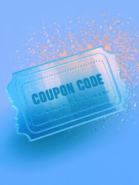 A semi-transparent promo code ticket shows a coupon code field surrounded by a confetti burst in a blue gradient. This design fits digital promotions.