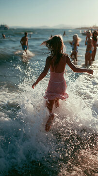 Hot Summer season lifestyle theme. A vibrant, sunlit beach scene captures a young girl running through the waves. She wears a pink dress with white polka dots and her hair is blowing in the wind.