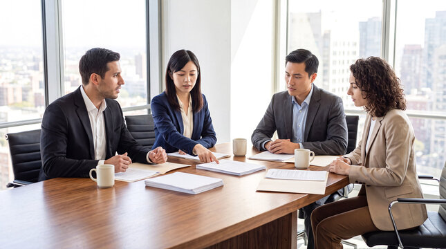 Corporate Executives Discussing a Contract in a High Rise Office