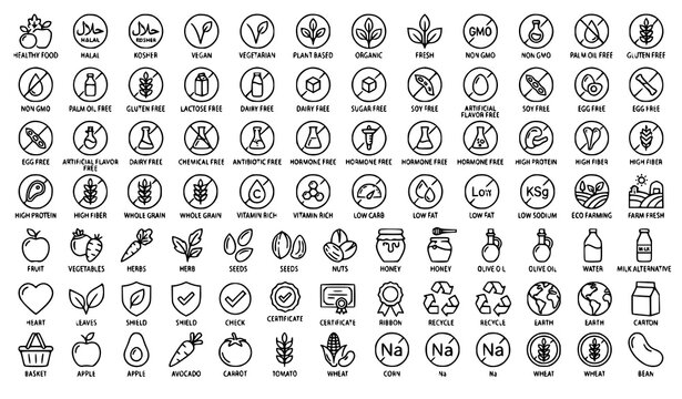 healthy, food, certification, halal, kosher, vegan, vegetarian, organic, outline, line, icon, editable, vector, nongmo, gluten, lactose, sugar, dairy, soy, nutrition, eco, farm, fresh, leaf, wellness,