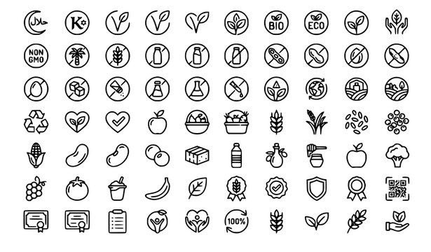 healthy, certification, vegan, halal, kosher, organic, bio, nutrition, icon, outline, editable, vector, glutenfree, lactosefree, dairyfree, nongmo, sugarfree, preservative, sustainable, recycle, veget