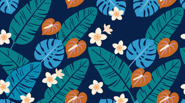 Vibrant tropical leaf and flower pattern featuring lush foliage and colorful florals on a dark background for lively design motifs