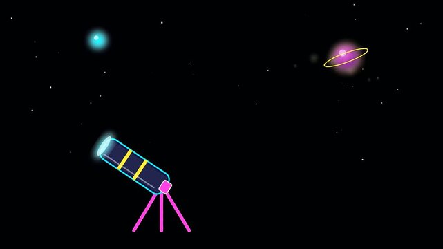 Animated telescopes scanning starry night skies for interdisciplinary research projects during university life as bright glowing celestial planets move across dark deep space cosmic void