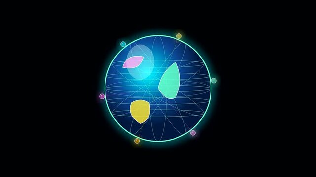 Abstract circular nodes pulsing with vibrant light spheres depicting university life and interdisciplinary research within an intricate network of orbiting geometric shapes on dark screens