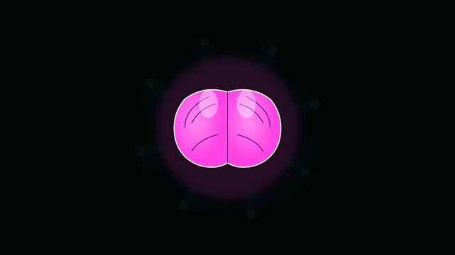 a glowing pink organic cellular structure floats representing interdisciplinary research in university life settings where simple biological entities appear as illuminated icons on a black space