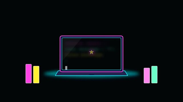 Neon illuminated laptops displayed in animated sequence for university life interdisciplinary research studies showing vibrant glowing interface bars on dark black digital screen art display