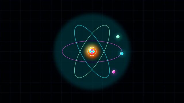 a glowing digital atomic model orbits inside university life scenes depicting interdisciplinary research as electrons move swiftly across vibrant blue rings within this energetic scientific display