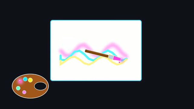 Animated artist brush painting vibrant wave patterns on a canvas illustrating university life and interdisciplinary research through creative digital motion graphics within a simple virtual setting