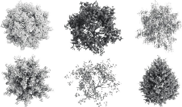 Group of abstract halftone tree top views for architectural site planning featuring textured circular patterns representing canopy coverage and greenery.