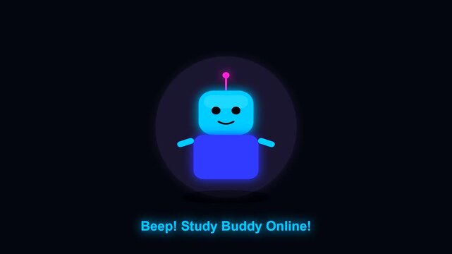 Neon glowing cartoon robot avatar appearing in university life interdisciplinary research simulation sequence with simple friendly smiling face light pulses and vibrant blue digital interface colors