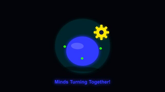 Animated glowing blue spheres rotate amidst yellow cogwheel icons illustrating university life and interdisciplinary research while showcasing digital motion sequences on a dark solid black canvas