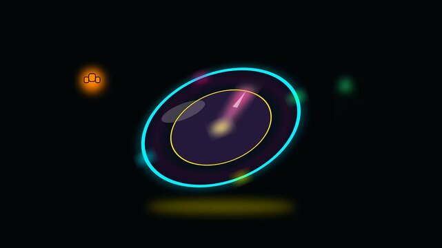 Abstract circular interface elements floating with university life and interdisciplinary research symbols displayed in a dark setting with glowing neon light effects and motion blur