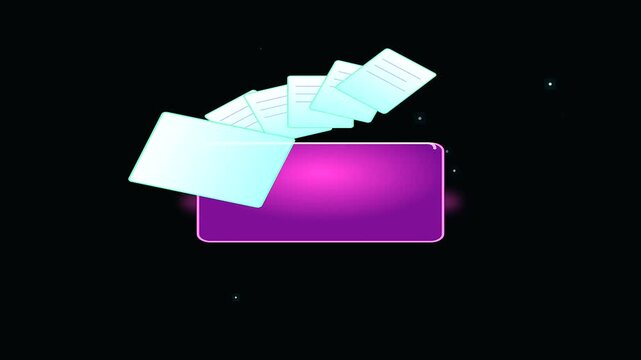 a set of floating paper document cards demonstrating university life and interdisciplinary research while files move across a dark purple glowing digital display interface