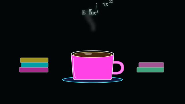 Three identical pink mugs with floating math formulas represent interdisciplinary research during busy university life settings while steam rises slowly above ceramic containers on dark surfaces