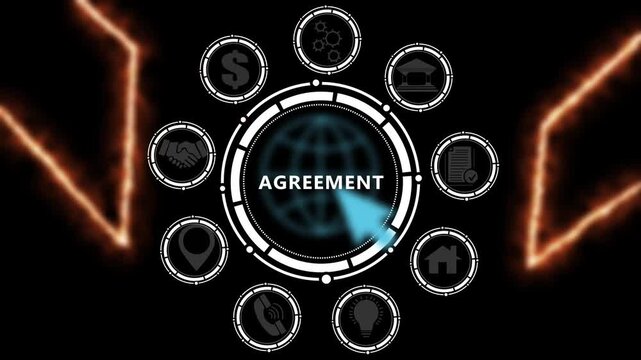 Modern business technology interface with AGREEMENT text, gears and digital network icons. 4k animation