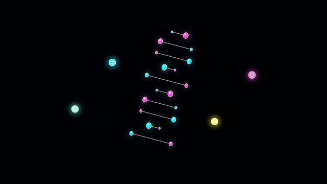 Neon dna helix strands drift through deep space to illustrate university life as interdisciplinary research projects emerge in this dark vibrant digital animation visual art scene