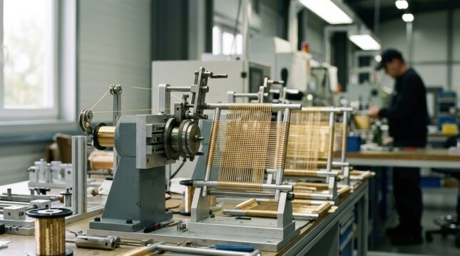 Medium shot of a grid winding jig capturing the detailed process of fine wire being precisely coiled onto support frames in a controlled industrial environment.