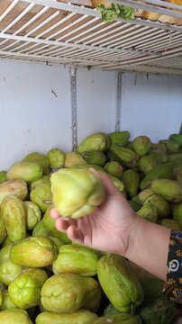 Asian woman hand picking and choosing fresh chayote in market crate. Healthy organic chayote, traditional vegetables, grocery shopping. 4K video for chayote, manisa, vegetables, healthy, organic farm.