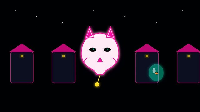 Minimalist geometric cat faces hover over glowing doors in a dark space evoking the spirit of a golden week crowd at a crowded shrine scene