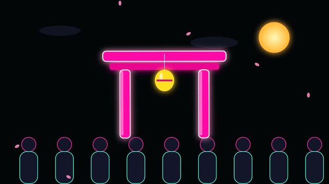 Minimalist graphic illustration depicting a crowded shrine during golden week with glowing lanterns and abstract human silhouettes arranged in a rhythmic repeating pattern across dark space