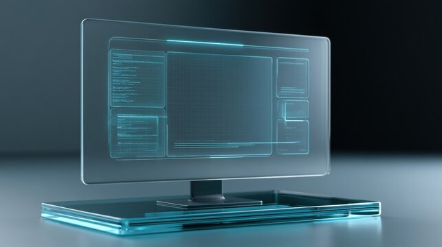 A glass monitor shows a dashboard for online sales with glowing interface shapes against a dark background. There is plenty of empty space around.
