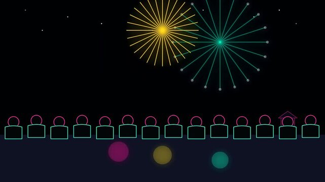 Neon lights glow over a crowded shrine during golden week with vibrant festive fireworks illuminating the night sky above a dense gathering of stylized digital avatars