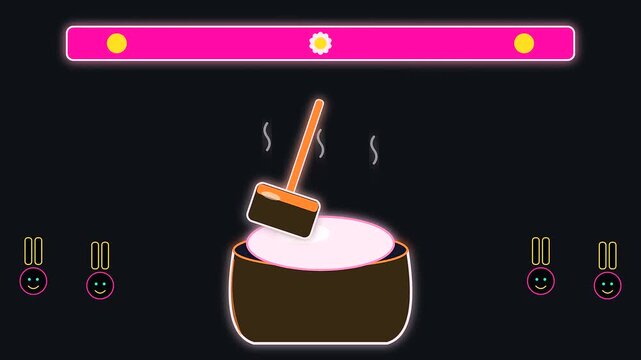 Animated traditional pounded rice cakes showing a festive golden week atmosphere near a crowded shrine with wooden mallets striking soft white dough on dark backgrounds