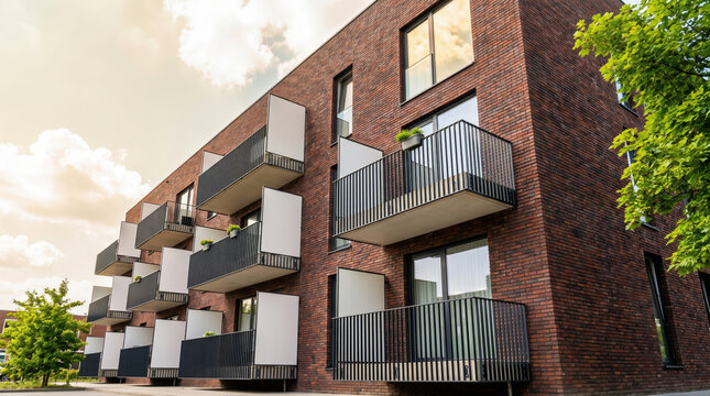 Modern dorm college room styling idea with balcony brick facade sunny day. Modern apartment interior design. comfortable home living space, student accommodation hotel