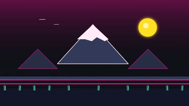 Minimalist vector landscape featuring a modern train passing golden week scenery near a crowded shrine with snowy mountain peaks under a glowing night sky sunset