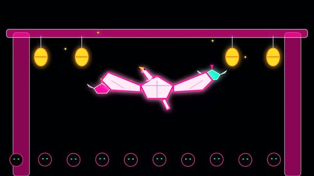 Minimalist geometric bird animation floating within a glowing crowded shrine setting during golden week celebrations featuring rhythmic movement patterns and soft vibrant neon light displays