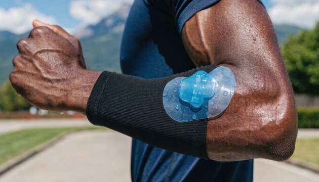 Sportsgrade wearable cardiac patch displayed on a fitness models arm emphasizing rugged flexibility and longwear comfort during intense physical activity and sweat exposure.