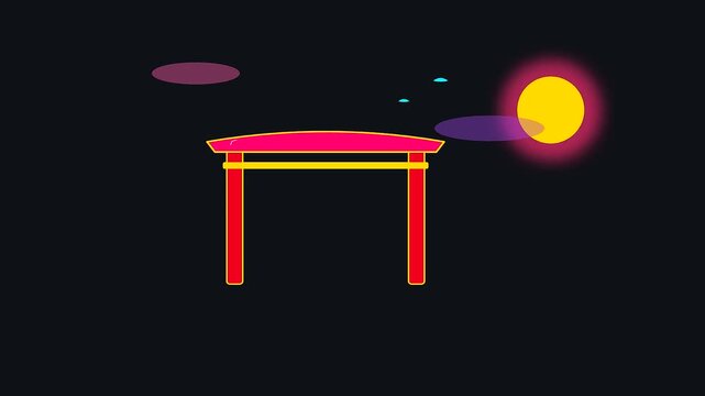 A sequence showing a minimalist golden week animation with a lonely bright sun rising behind a traditional crowded shrine gate amidst floating geometric shapes in darkness