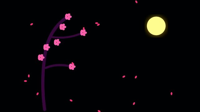 Minimalist night animation featuring falling cherry blossom petals during golden week near a crowded shrine with glowing yellow spheres representing the moon above tree branches