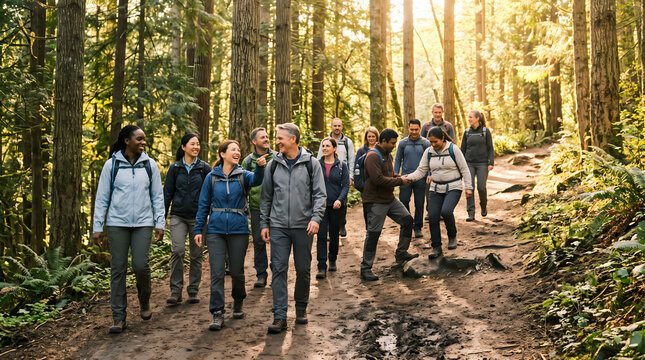 Business Team Hiking Together During Outdoor Corporate Retreat.