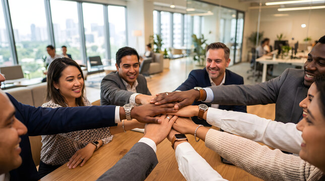 Diverse Business Team Stacking Hands in Unity and Teamwork.