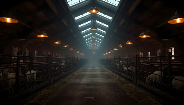 Atmospheric symmetry view of an indoor sheep farm barn with hanging glowing industrial lamps over fences at night.