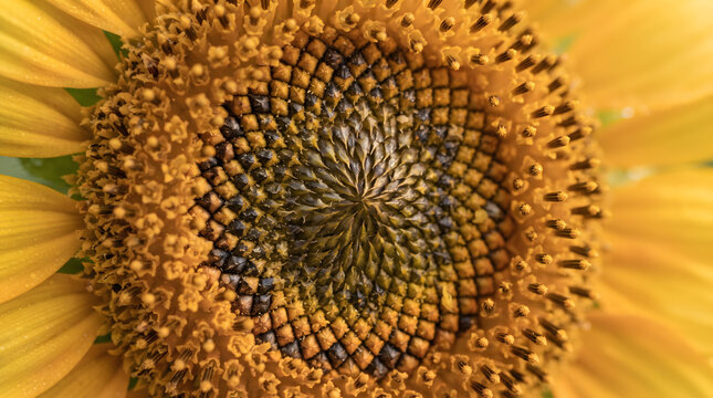 Macro Spiral Pattern of Sunflower Seeds with Fibonacci Geometry.