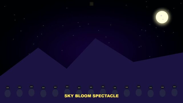 Minimalist night sky animation featuring a golden week crowded shrine setting with colorful exploding festive fireworks above dark mountain silhouettes and simple glowing celestial moon circles