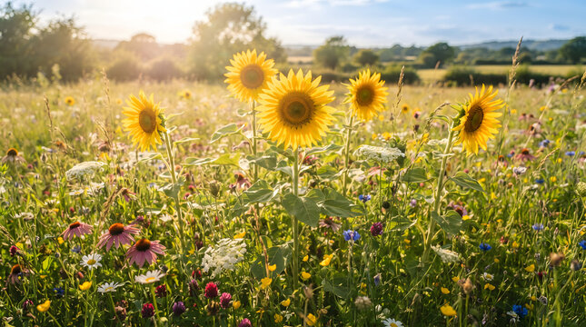 Wild Sunflowers in Blooming Meadow at Golden Hour.