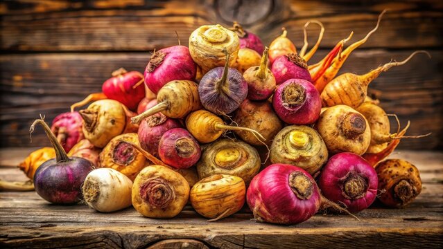 Pile of colorful peruvian maca roots on rustic wood background