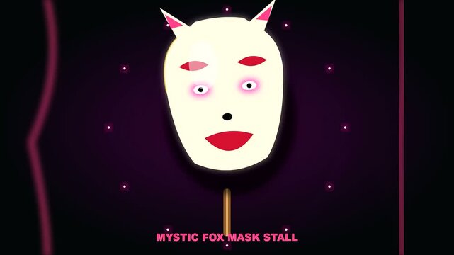 A mystical fox mask floats rhythmically above a crowded shrine display during the golden week celebration where ancient folklore meets vibrant digital light art aesthetics