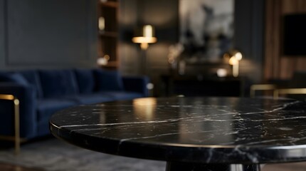 Obraz premium Luxury black marble table top with blurred dark living room background