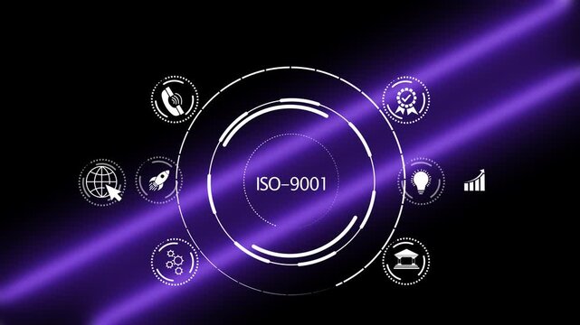 Futuristic Neon Interface highlighting ISO 9001 Quality Management System QMS and Risk Management 4K Animation Video