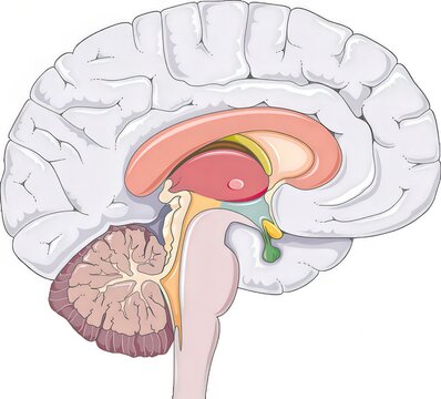 Anatomical illustration of human brain with visible cerebellum and brainstem
