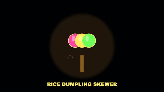 A vibrant dango snack grows in scale during a golden week festival visit to a crowded shrine while glowing particles float in this bright animation