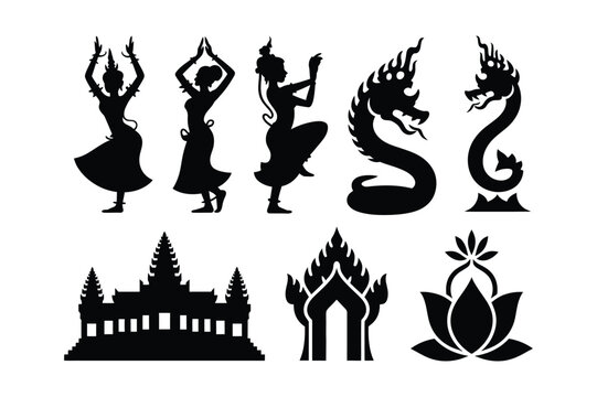 Collection of cambodian khmer cultural icons including apsara dancers and temple