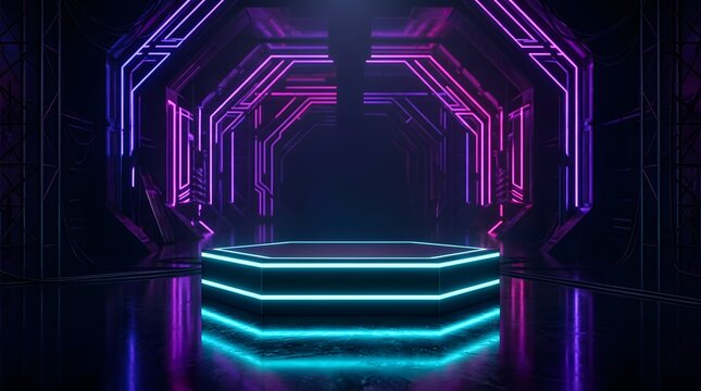 Futuristic sci-fi neon podium in a dark cyberpunk corridor with purple lights