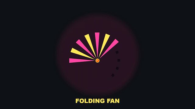 Minimalist digital animation depicting a folding fan unfolding across three stages during a golden week at a crowded shrine reflecting traditional japanese aesthetic and movement
