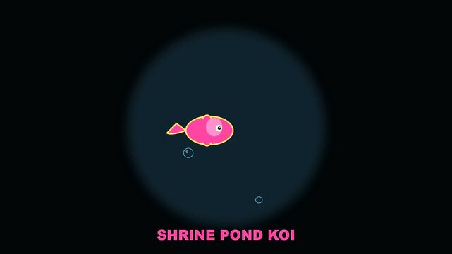 Minimalist pink fish swimming in dark liquid during golden week crowded shrine activities while soft bubbles rise gracefully in a peaceful and stylized aquatic environment