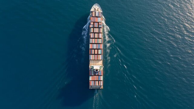 Aerial top view of a container ship crossing deep blue ocean, drone shot of cargo vessel carrying freight containers along a global shipping trade route